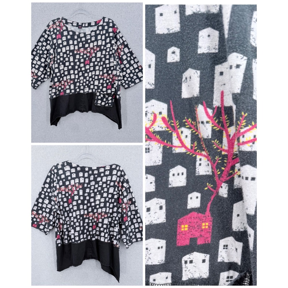 Cupcake Top Womens OS Black House Print Cotton Sharkbite Hem Pocket Lagenlook
